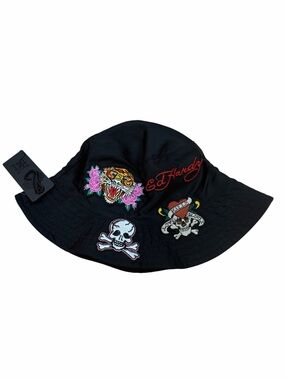 Ed Hardy Black Tattoo Embroidered Bucket Hat Skull Tiger Rose Y2K Unisex NWT